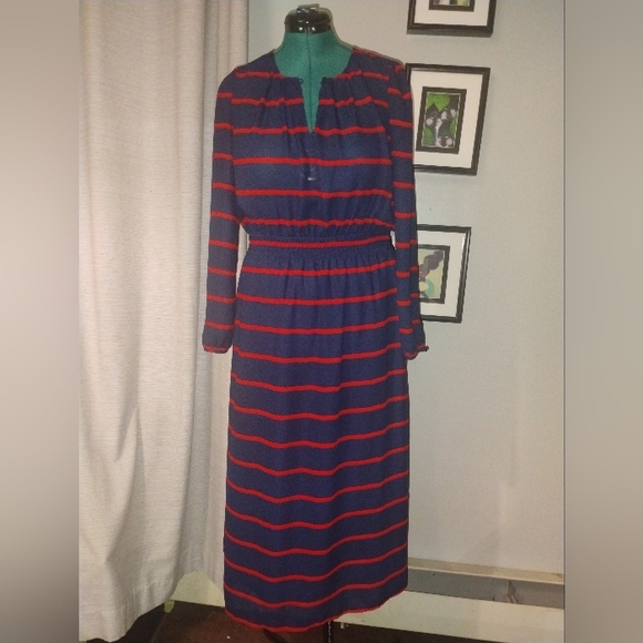 FRNCH Navy and Red Painterly Striped Maxi Dress, Sz L - Picture 11 of 12